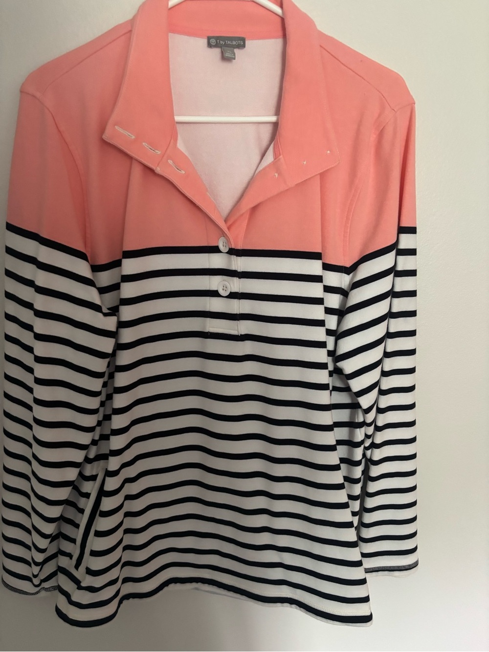 T by Talbots Coral and Black Striped Button-Front Top